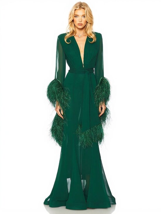Bronx and Banco Dresses & Skirts - Bronx & Banco Geisha V-Neck Gown Green Feather Cuffs – Worn Once Like New! M